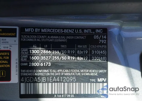 2014 Mercedes-Benz Ml 350 z USA, uszkodzony, nr VIN 4JGDA5JB1EA412095